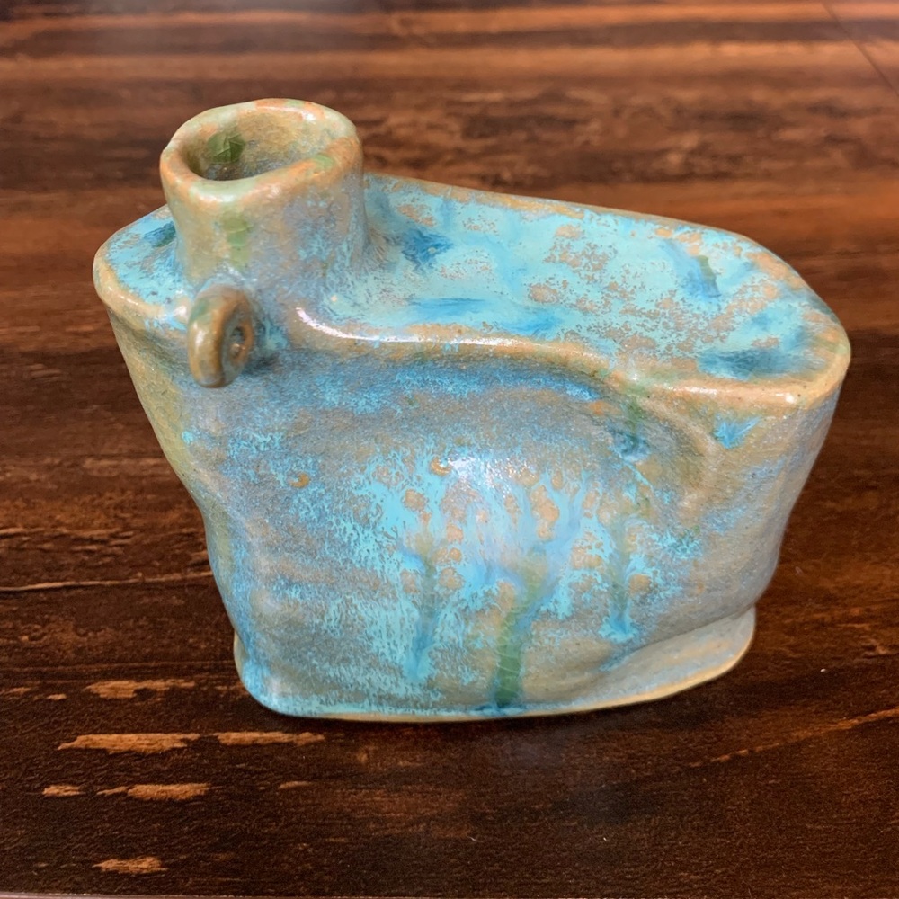Abstract Art Pottery Vase Teal Blue and Tan Handmade